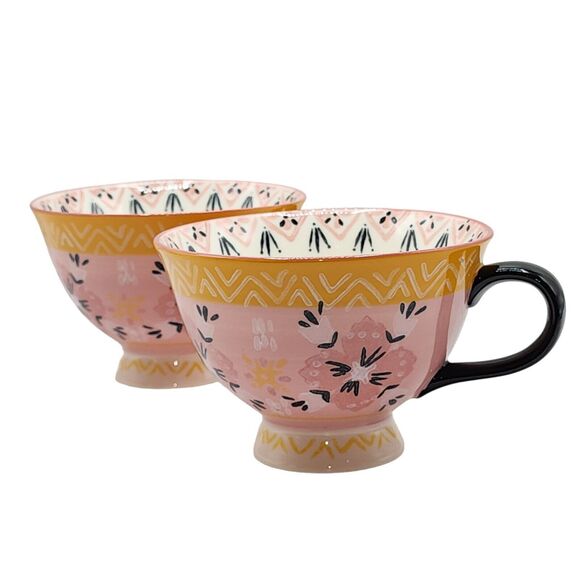 Bloom Pottery Set of 2 Pedestal Ceramic Tea Cups Coffee Mug Hand-Painted Floral - Picture 3 of 16
